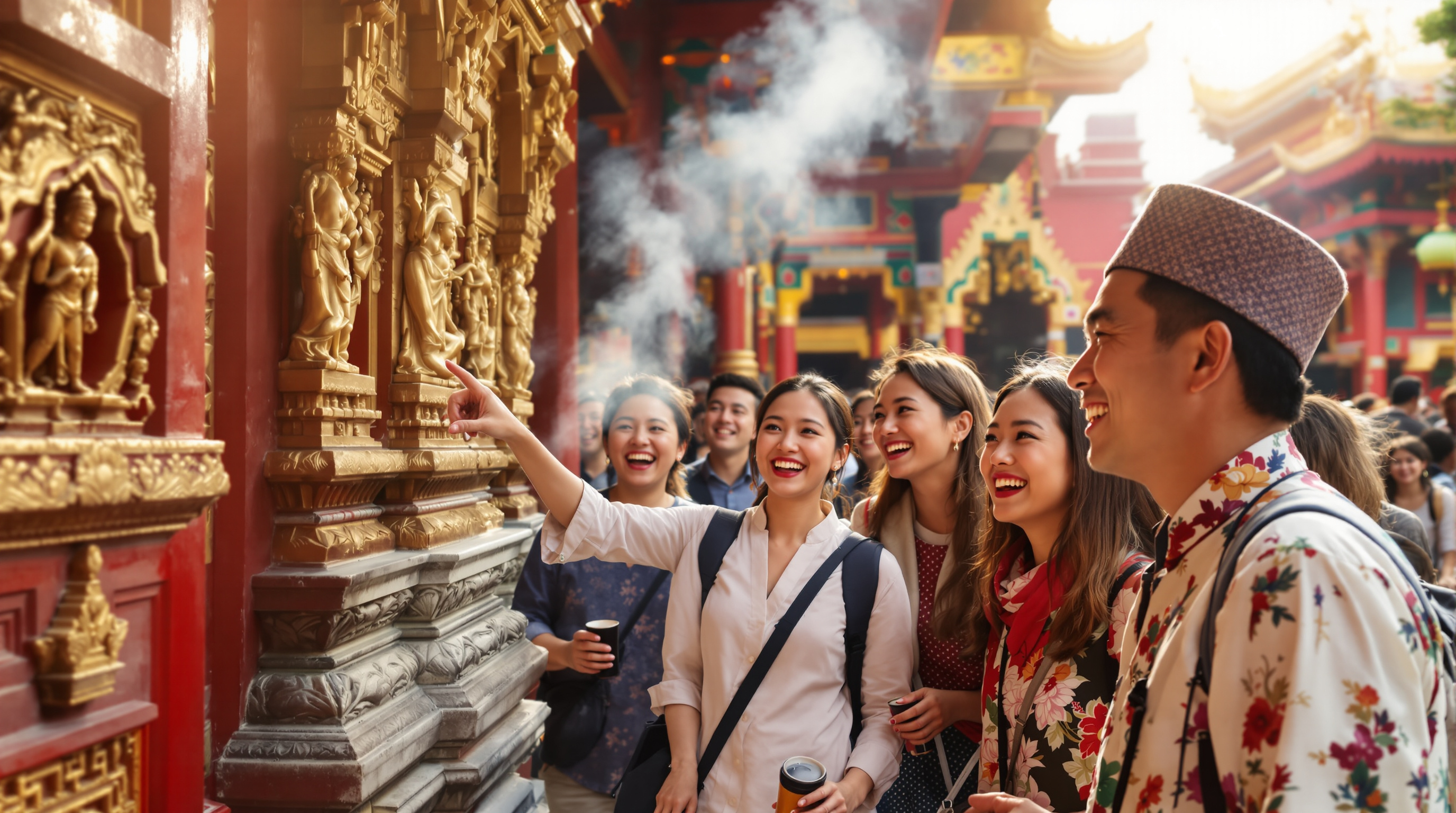 Diverse travelers with local guide exploring Asian temple