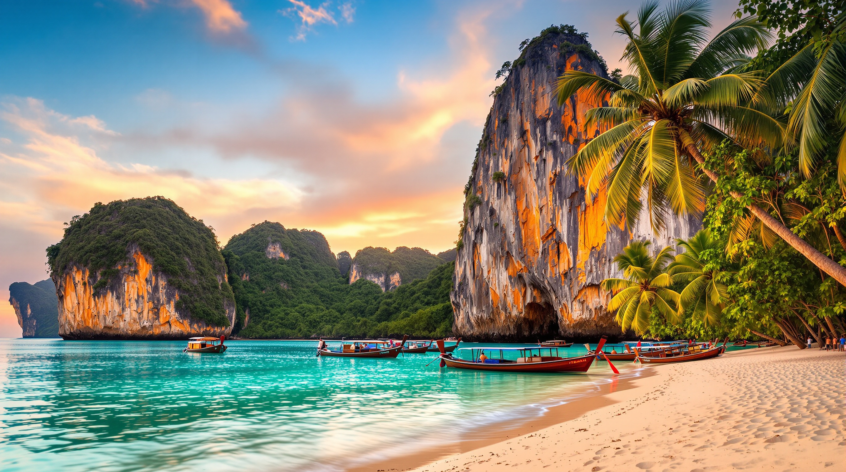 Sunset view of tropical Thai beach with limestone cliffs